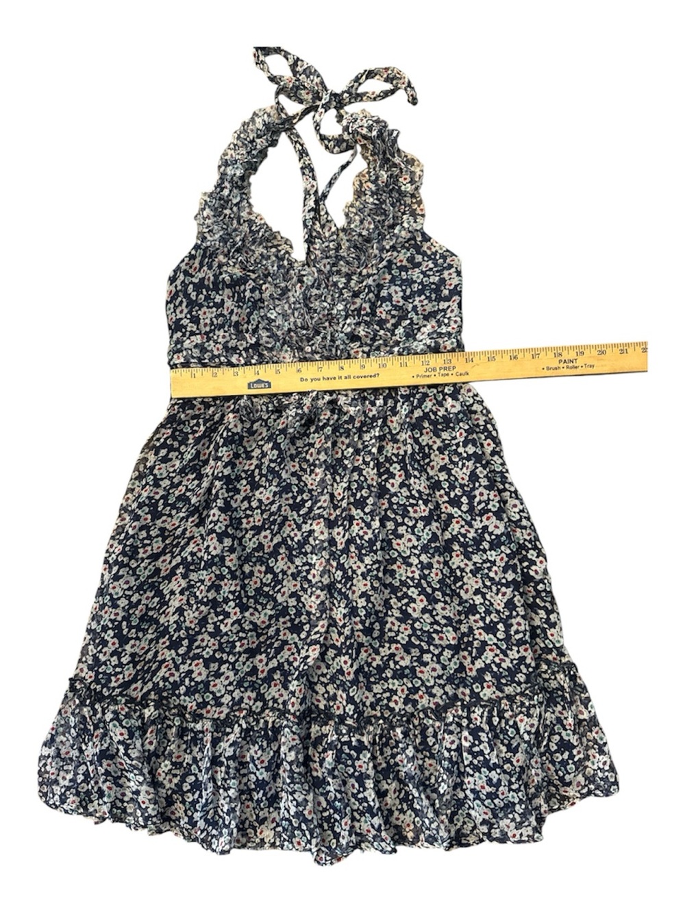 MM Couture Navy Floral Ruffle Halter Mini Dress 100%silk smocked cottagecore - Picture 7 of 8